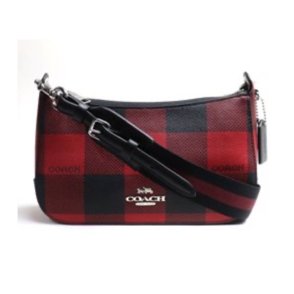 COACH Jes Baguette With Buffalo Plaid Purse Crossbody Bag Red/Black - Picture 2 of 13